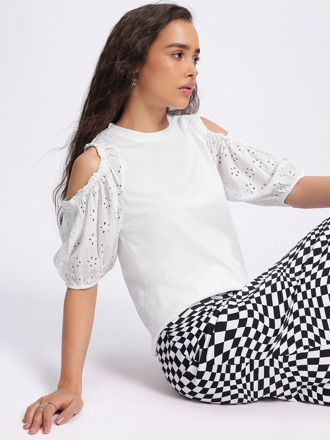 DressBerry Porcelain White Craze Cold-Shoulder Schiffli Top
