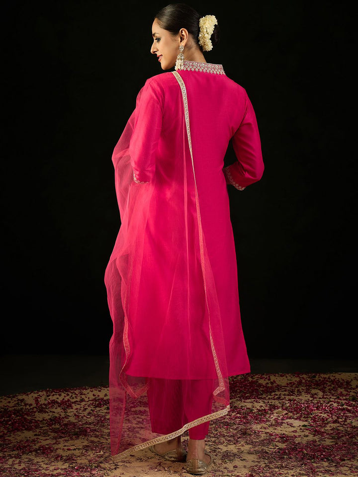 Indo Era V Neck Ethnic Motifs Embroidered Sequinned Kurta with Trouser & Dupatta