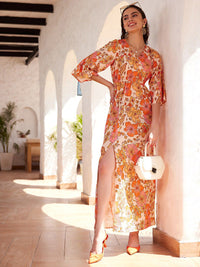 STREET 9 Floral Printed Bell Sleeves Georgette Maxi Dress