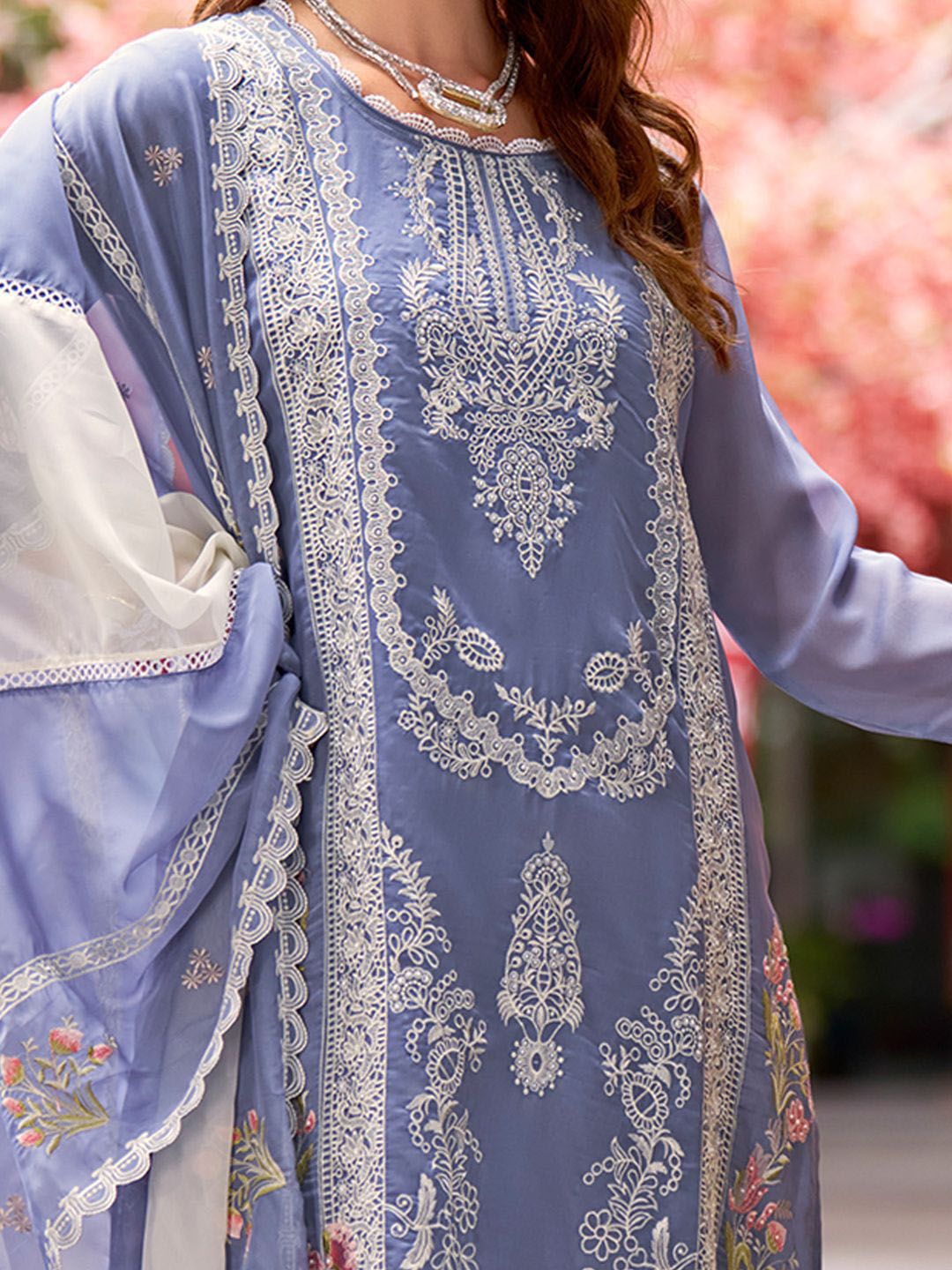 Indo Era Floral Embroidered Round Neck Thread Work Straight Kurta With Trousers & Dupatta