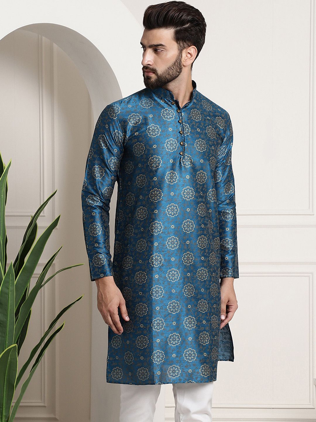 SOJANYA Men Teal Blue & Golden Ethnic Motifs Printed Kurta