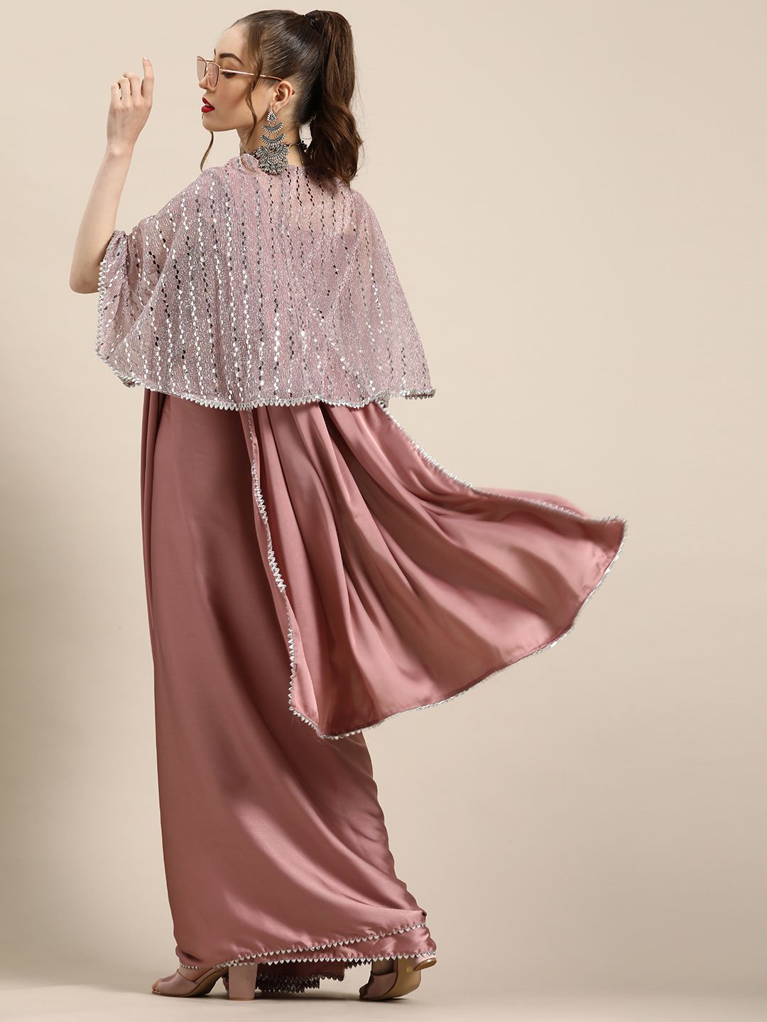 Tikhi Imli Trendy Mauve Sleek Poly Crepe Saree with Embellished Border & Cape