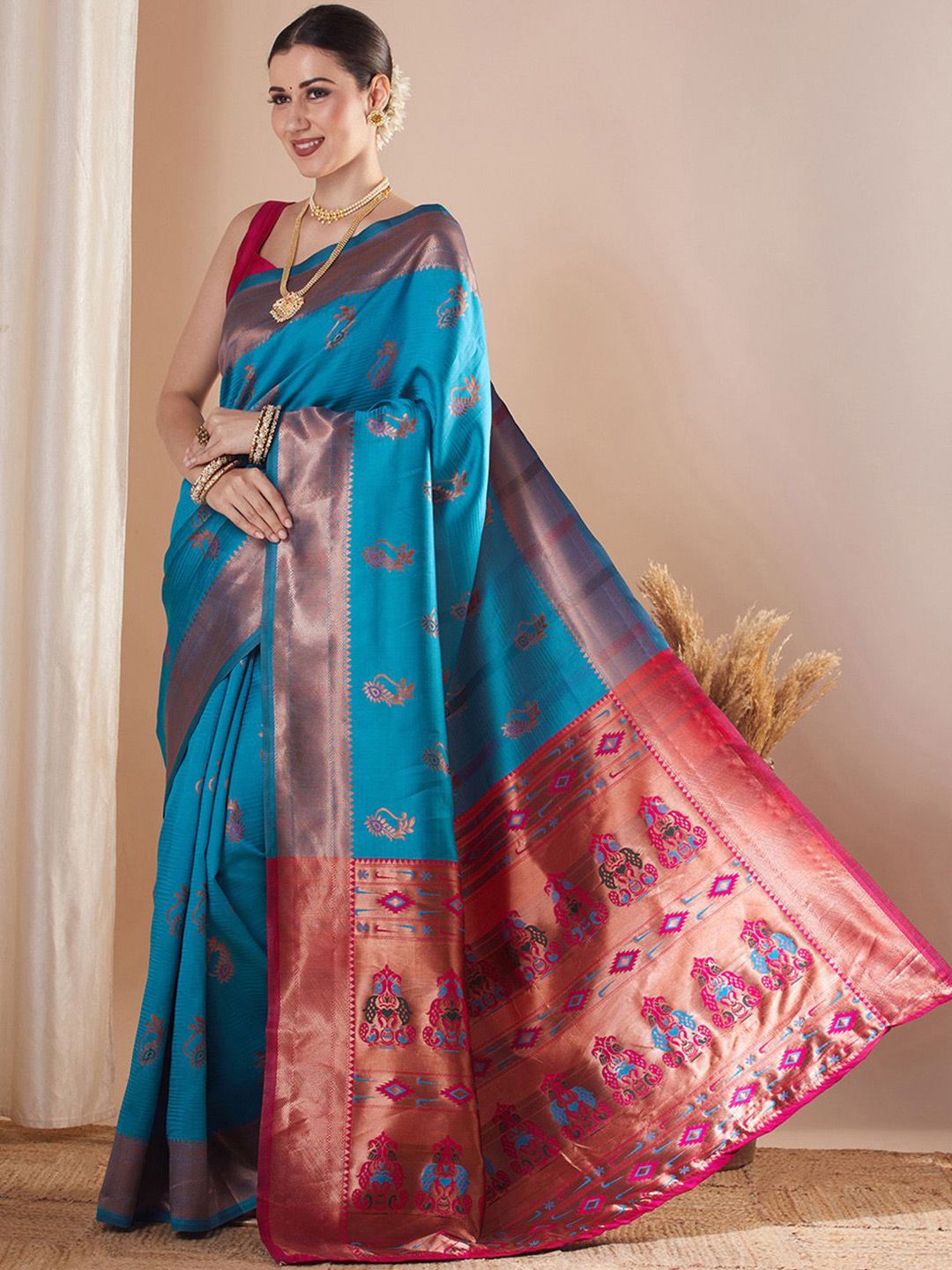 Saree mall Ethnic Motifs Zari Silk Blend Paithani Sarees