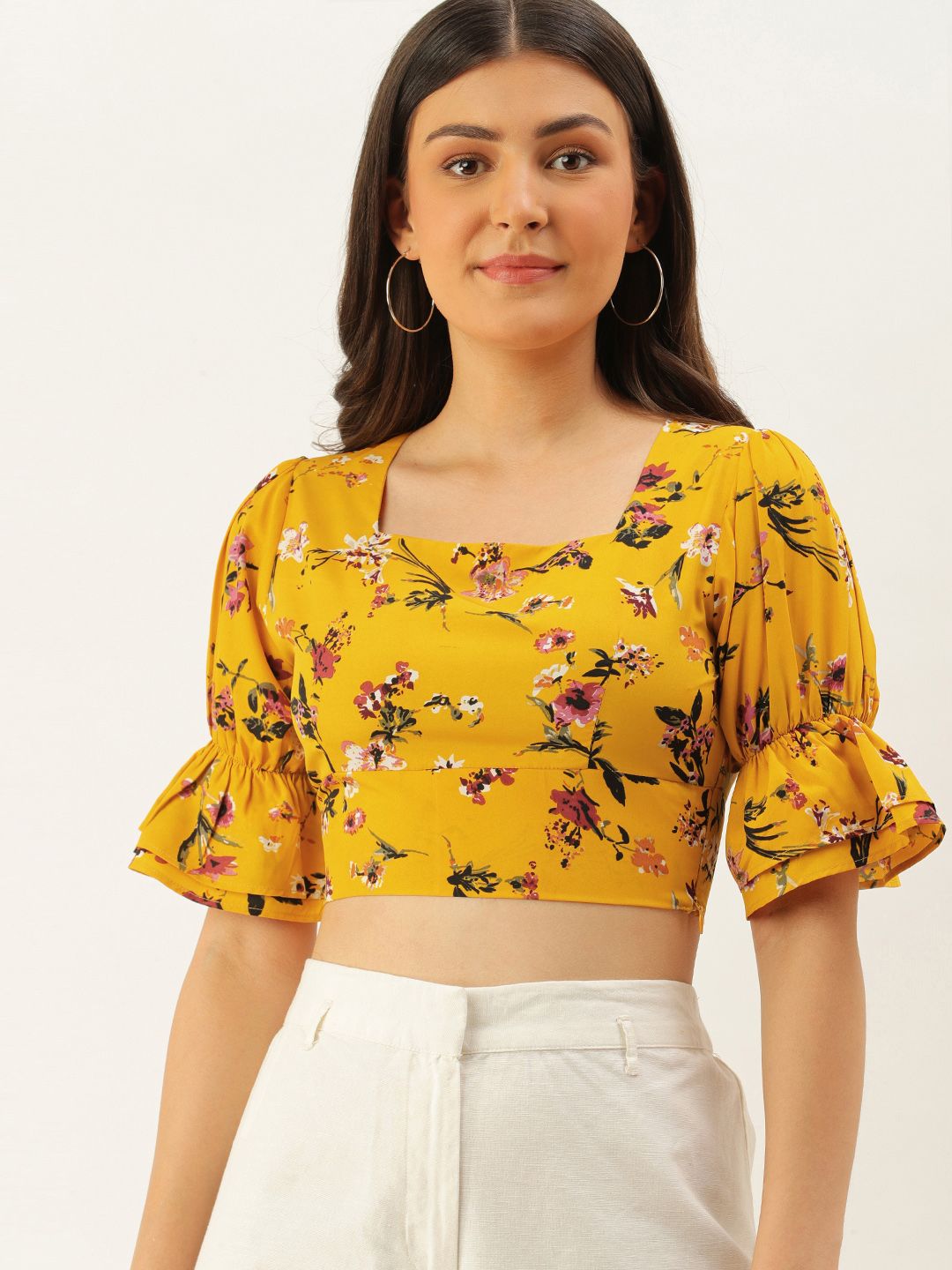 Berrylush Yellow Floral Printed Crepe Crop Top