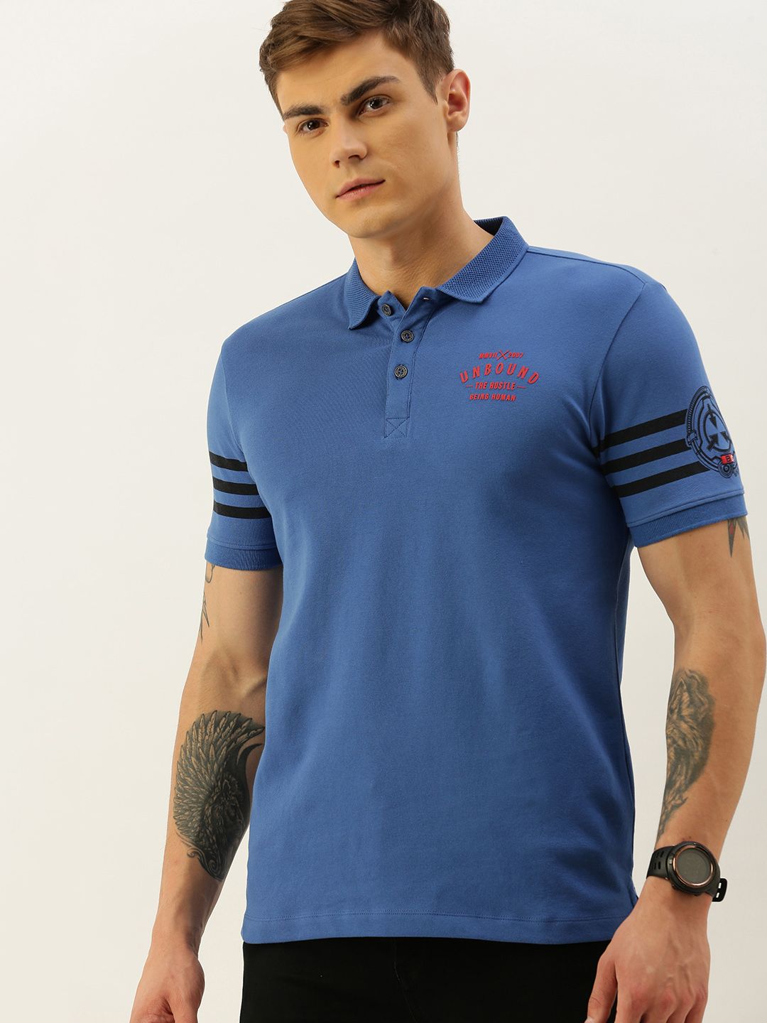 Being Human Men Blue Printed Polo Collar T-shirt