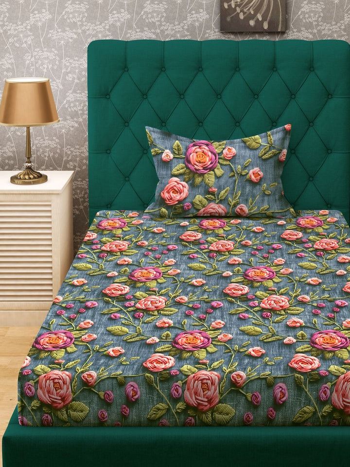 Myntra Elegant Homes Turquoise Blue Floral 300 TC Single Bedsheet with 1 Pillow Covers