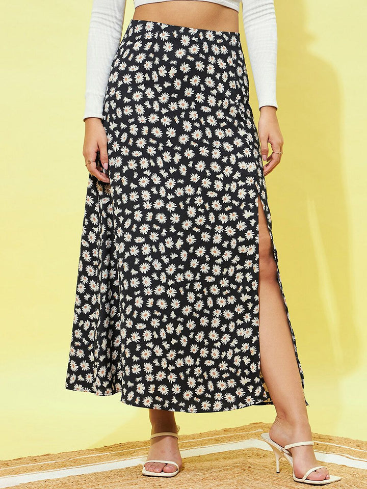 Berrylush Floral Printed Side Slit A-Line Maxi Skirt