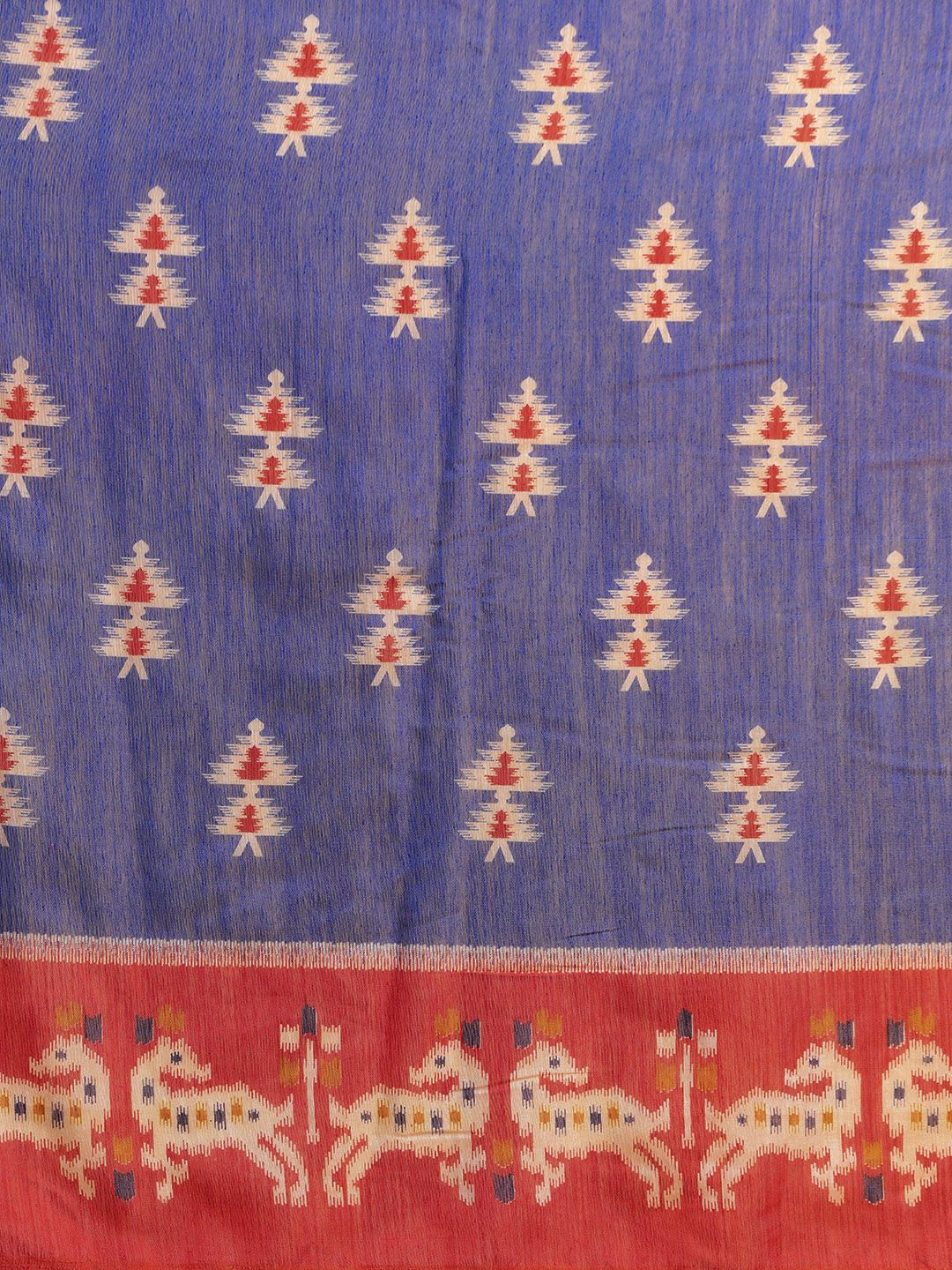 Saree mall Blue & Rust Orange Cotton Blend Printed Ikat Saree