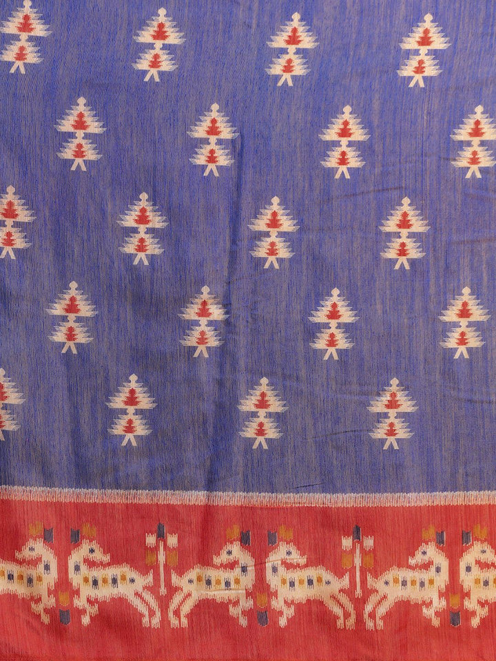 Saree mall Blue & Rust Orange Cotton Blend Printed Ikat Saree
