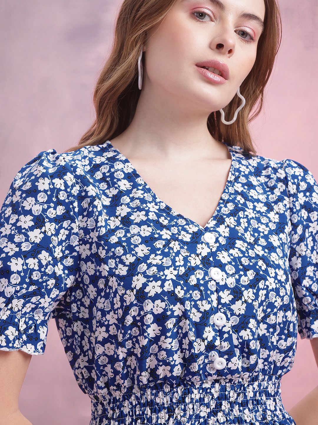 DressBerry Floral Print Smocked Puff Sleeves A-Line Mini Dress with Buttons