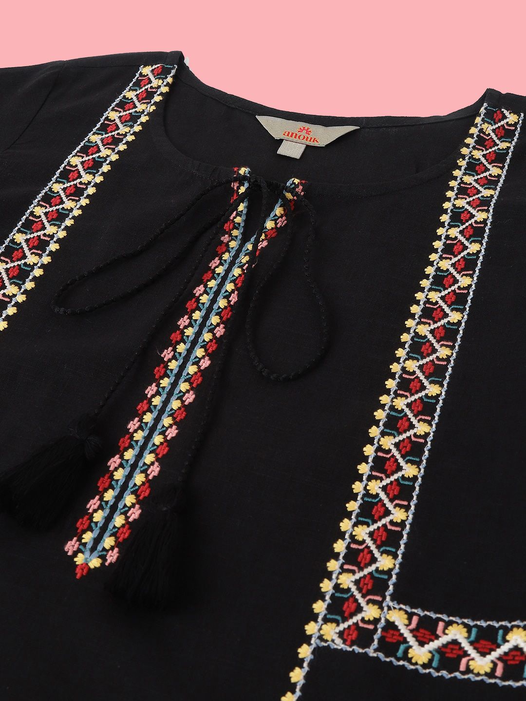 Anouk Black Geometric Embroidered Tie Up Neck Pure Cotton Short Kurti
