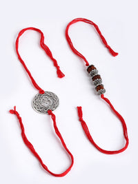 PANASH Men Set of 2 Silver-Toned OM & Rudraksha Rakhi with Roli Chawal