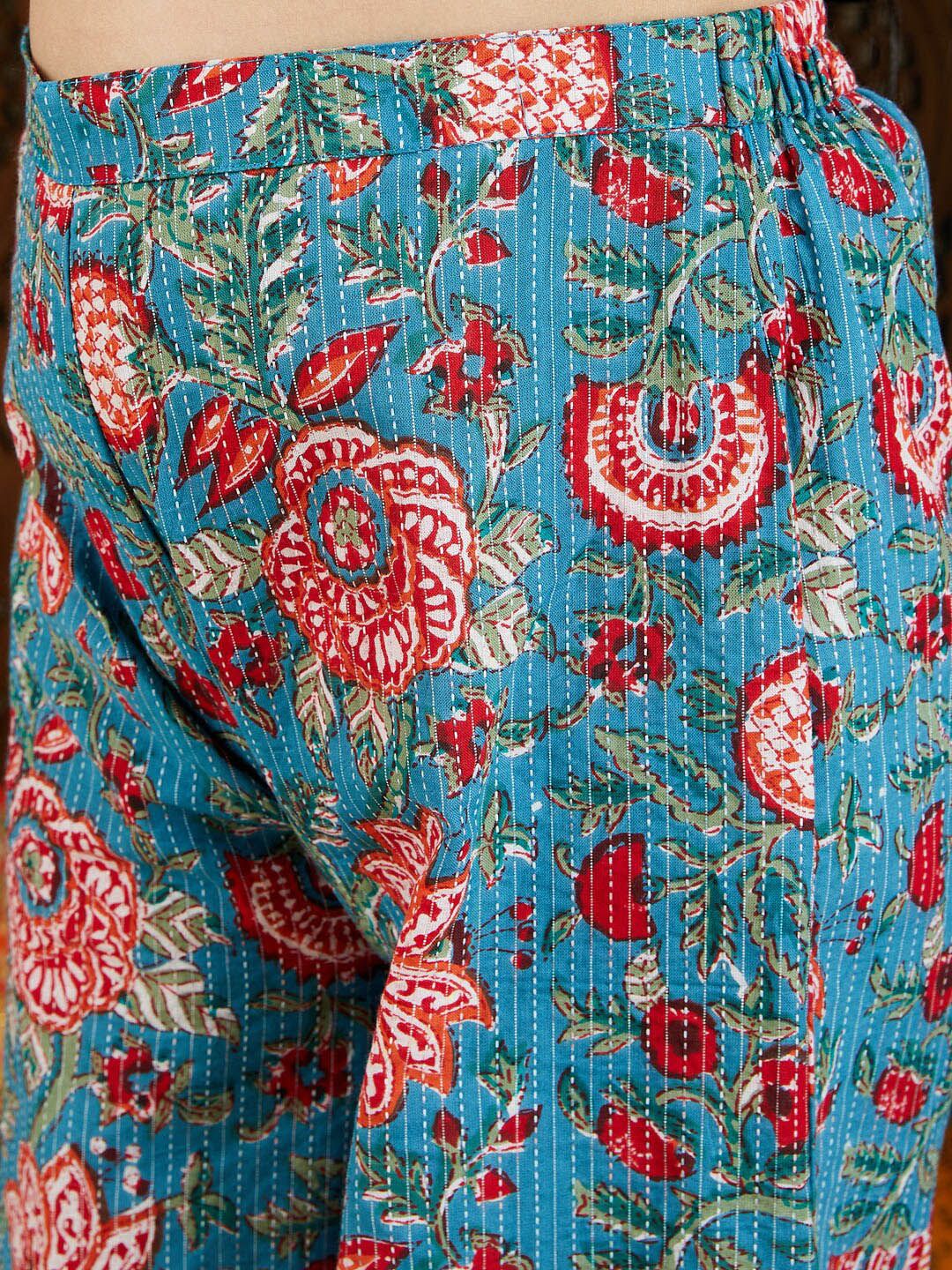 VASTRAMAY Girls Square Neck Regular Kantha Work Pure Cotton Kurta With Palazzos & Dupatta