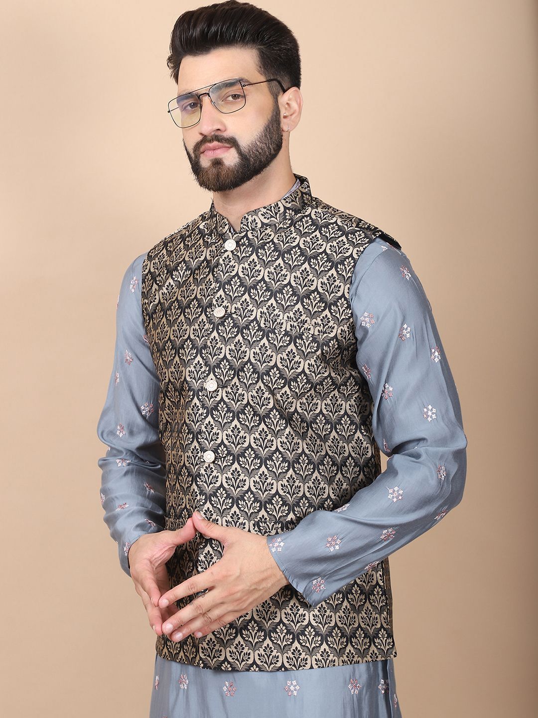 Anouk Grey Floral Embroidered Sequinned Cotton Silk Kurta with Churidar & Nehru Jacket