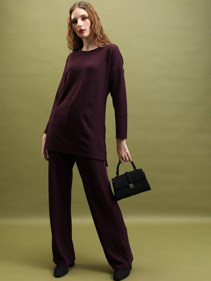 Tokyo Talkies Burgundy Self-Design Round Neck Tunic & Trousers