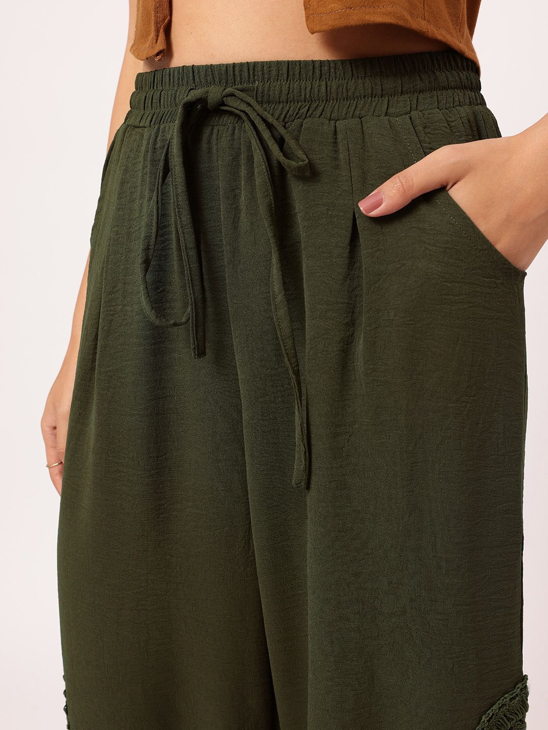 DressBerry Women Hippie Chic Crochet Patchwork Crinkled Cropped Trousers