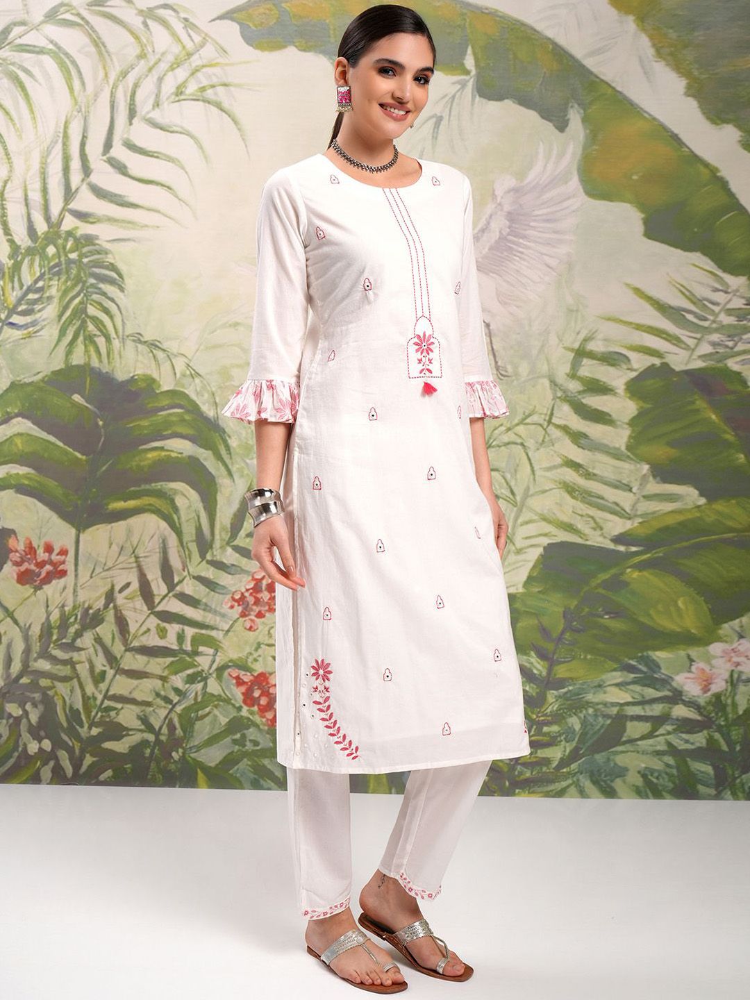 Vishudh Embroidered Regular Thread Work Pure Cotton Kurta with Trouser & Dupatta