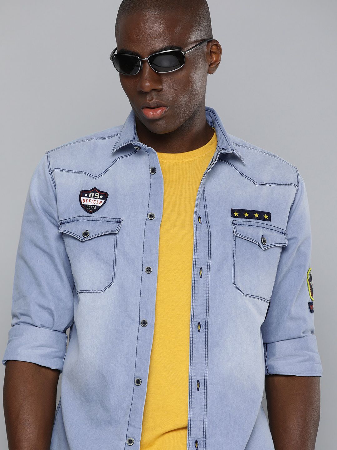 The Indian Garage Co Men Blue Slim Fit Faded Opaque Faded Casual Shirt
