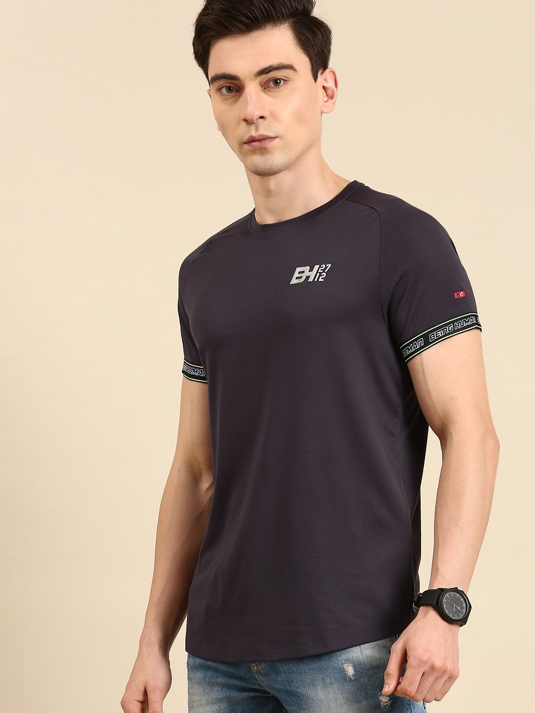 Being Human Men Solid Pure Cotton Applique Casual T-shirt