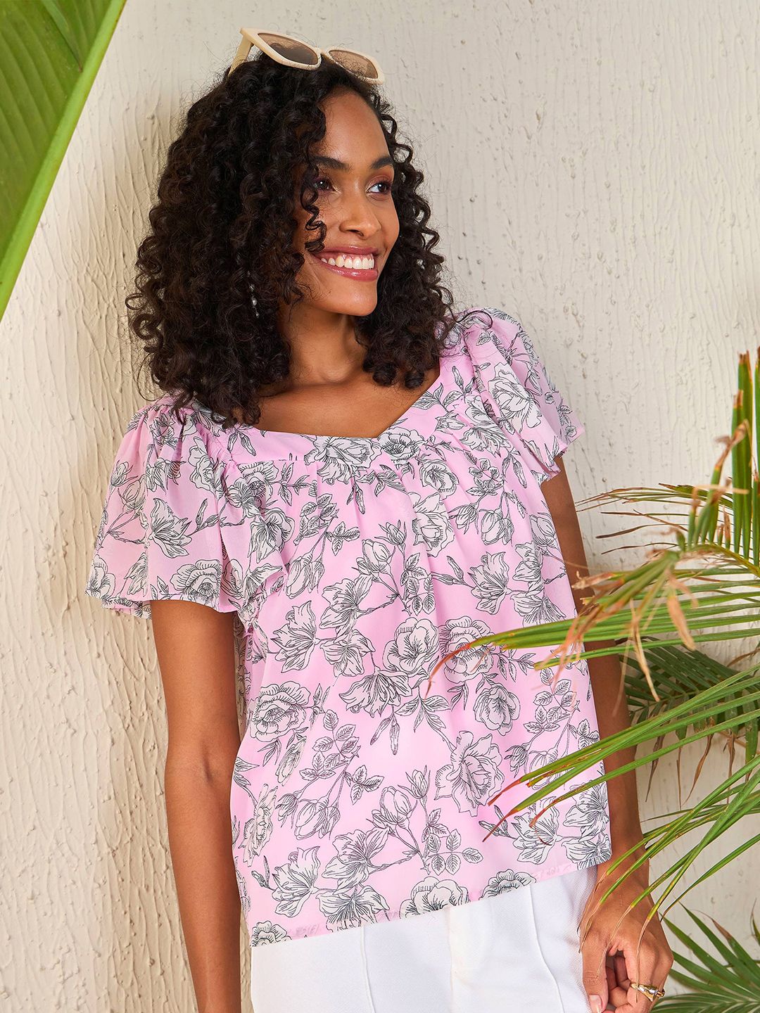 SASSAFRAS Pink Floral Printed Flutter Sleeve Georgette Top