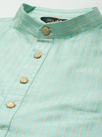 SOJANYA Men Sea Green Striped Kurta with Churidar & Nehru Jacket