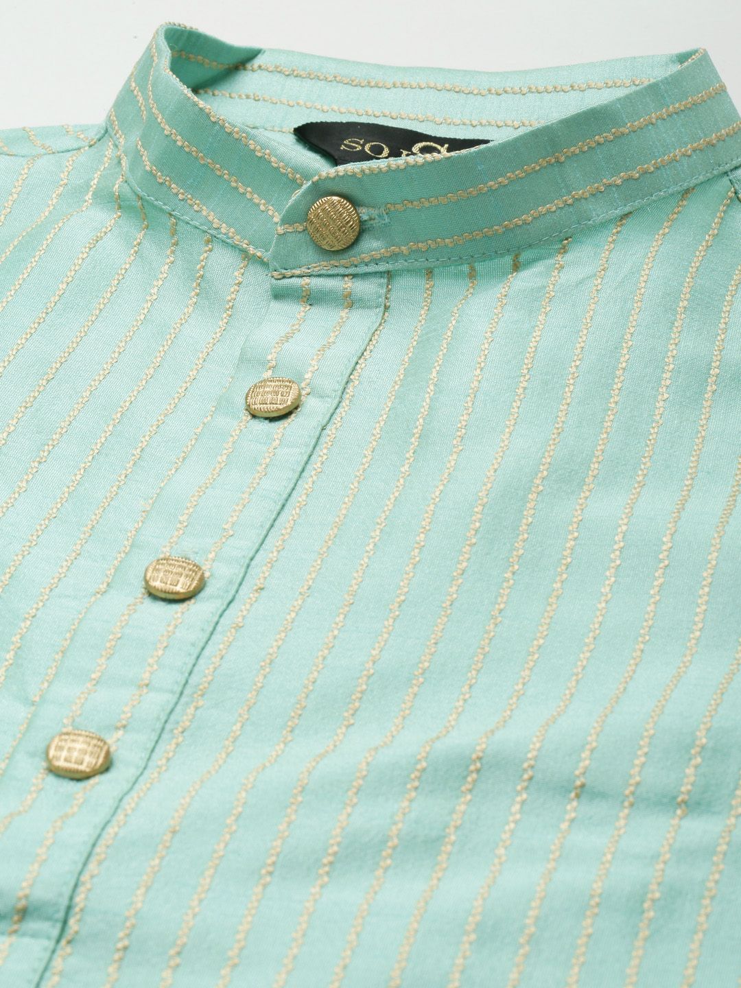 SOJANYA Men Sea Green Striped Kurta with Churidar & Nehru Jacket