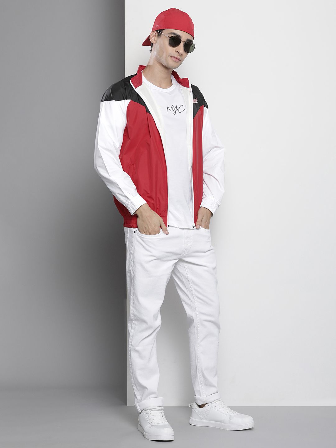 The Indian Garage Co Men Red & White Colourblocked Windcheater Jacket