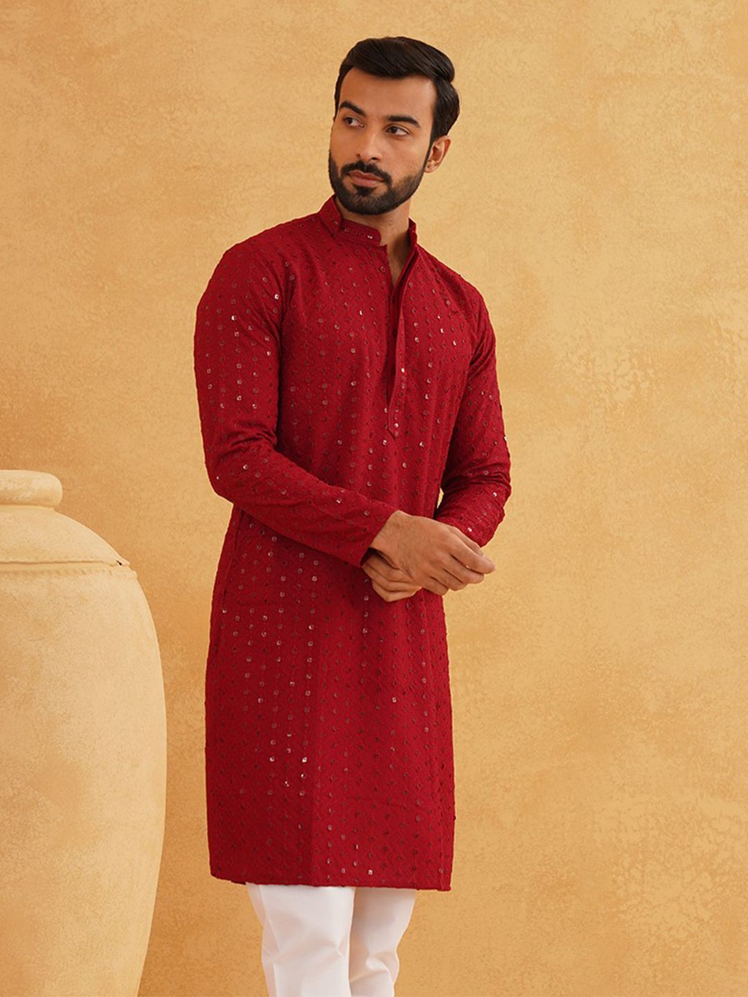 SOJANYA Motif Etnik Bersulam Labuci Lengan Panjang Kurta Kapas Tulen Lurus