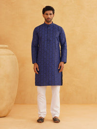 SOJANYA Ethnic Motifs Printed Mandarin Collar Cotton Linen Straight Kurta with Pyjamas