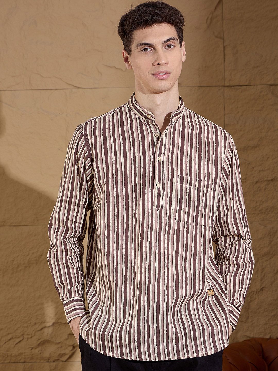 DENNISON Striped Printed Pure Cotton Band Collar Straight Kurta