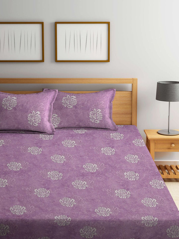 KLOTTHE Purple & White Floral-Printed 130GSM Pure-Cotton Fitted Double King Bedsheet Set