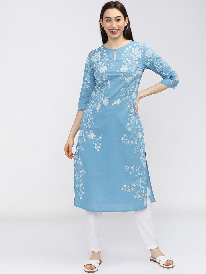 Vishudh Women Blue Floral Printed Keyhole Neck Kurta