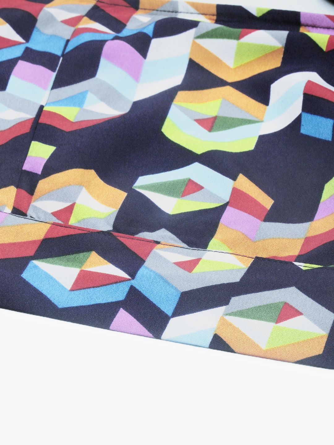 Berrylush Multicoloured Geometric Printed Puff Sleeves Styled Back Crop Top