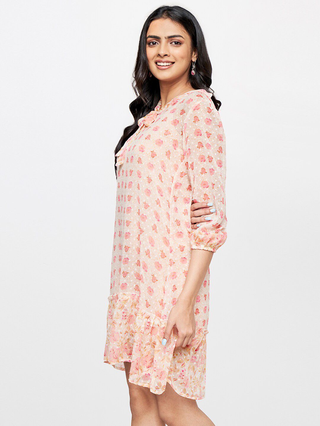 Global Desi Floral Printed Tie-Up Neck A-Line Dress