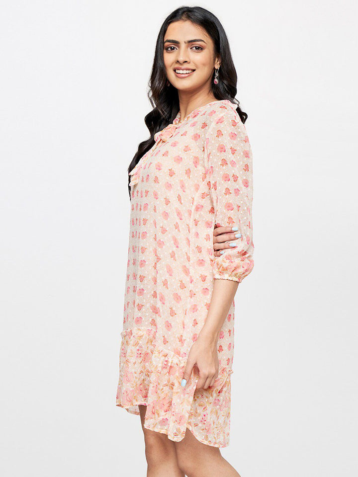 Global Desi Floral Printed Tie-Up Neck A-Line Dress