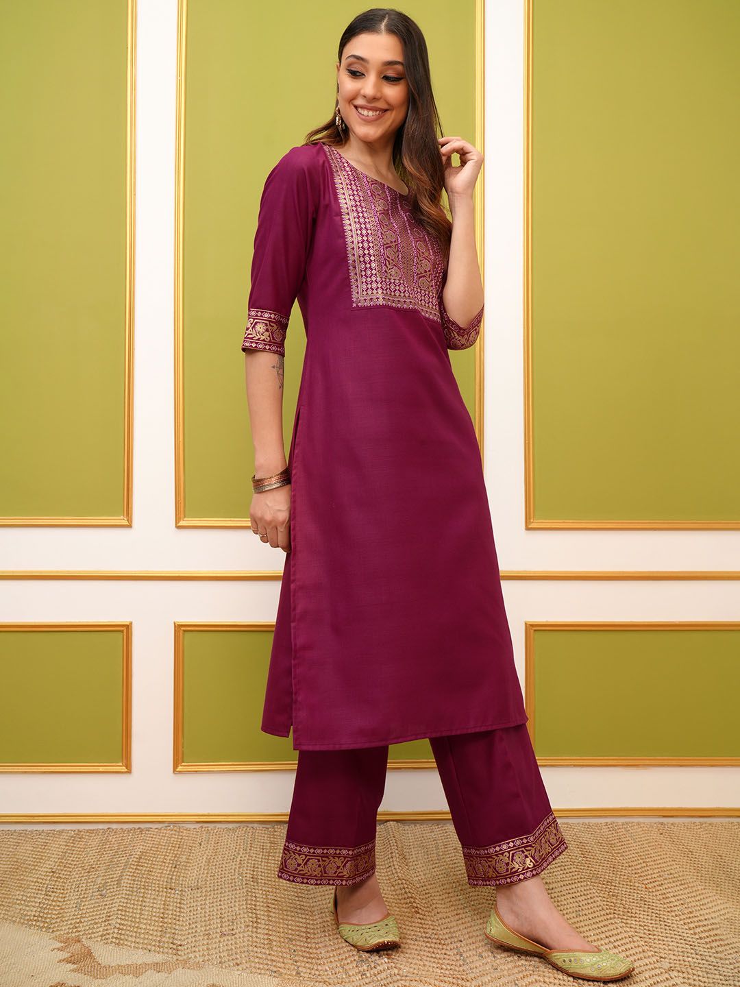 Vishudh Pink Ethnic Motifs Yoke Design Foil Printed Straight Kurta & Palazzos With Dupatta