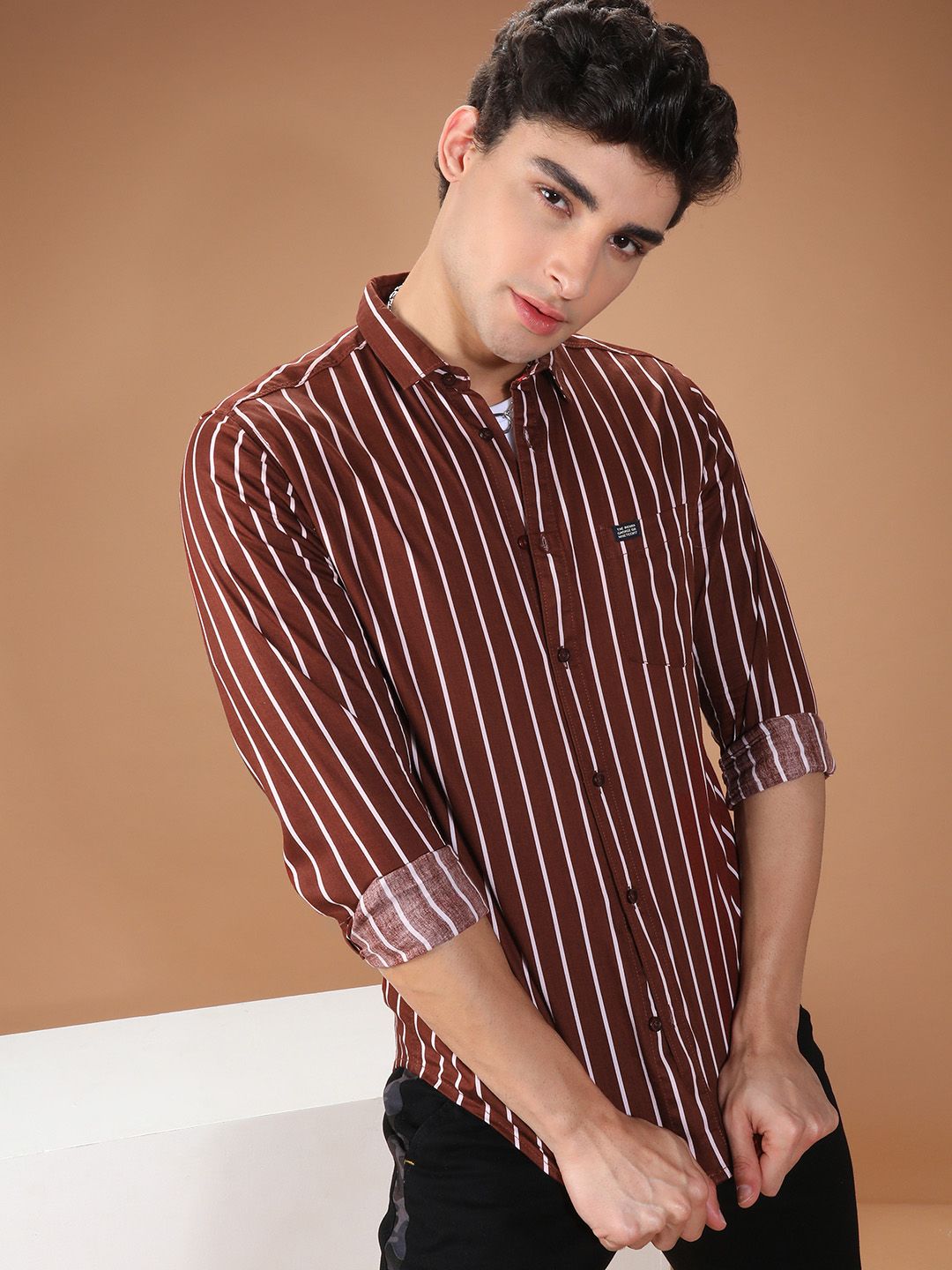 The Indian Garage Co Men Brown & White Slim Fit Striped Casual Shirt