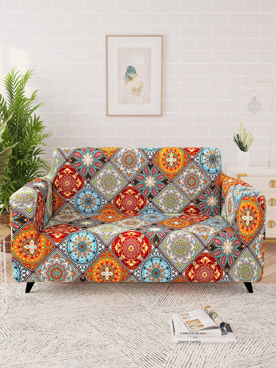 Story@home Orange & Yellow Printed 2 Seater Stretchable Sofa Cover With Arms