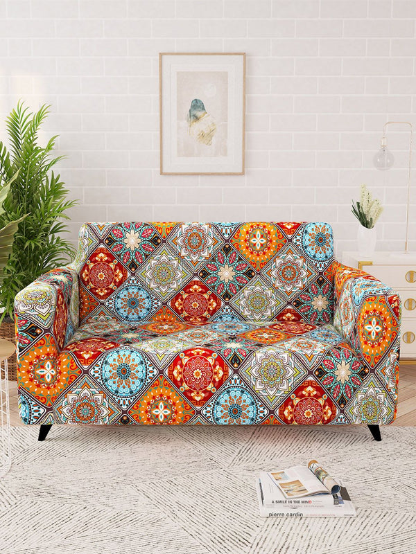 Story@home Orange & Yellow Printed 2 Seater Stretchable Sofa Cover With Arms
