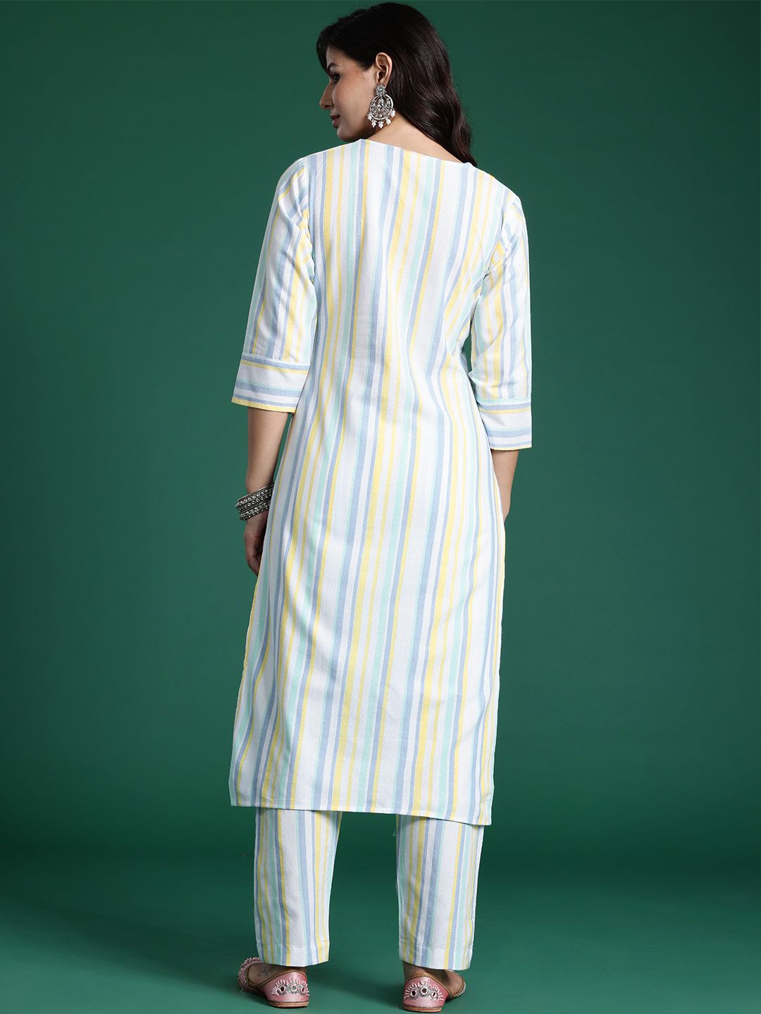 Indo Era Striped Thread Work Pure Cotton Kurta with Trousers