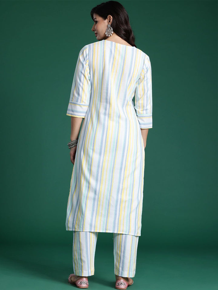 Indo Era Striped Thread Work Pure Cotton Kurta with Trousers