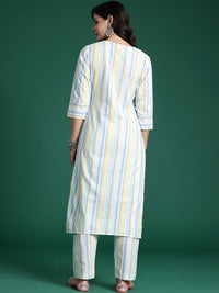 Indo Era Striped Thread Work Pure Cotton Kurta with Trousers