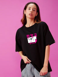 Bewakoof Black 3D BTS Graphic Printed Drop-Shoulder Sleeves Oversized Cotton T-shirt