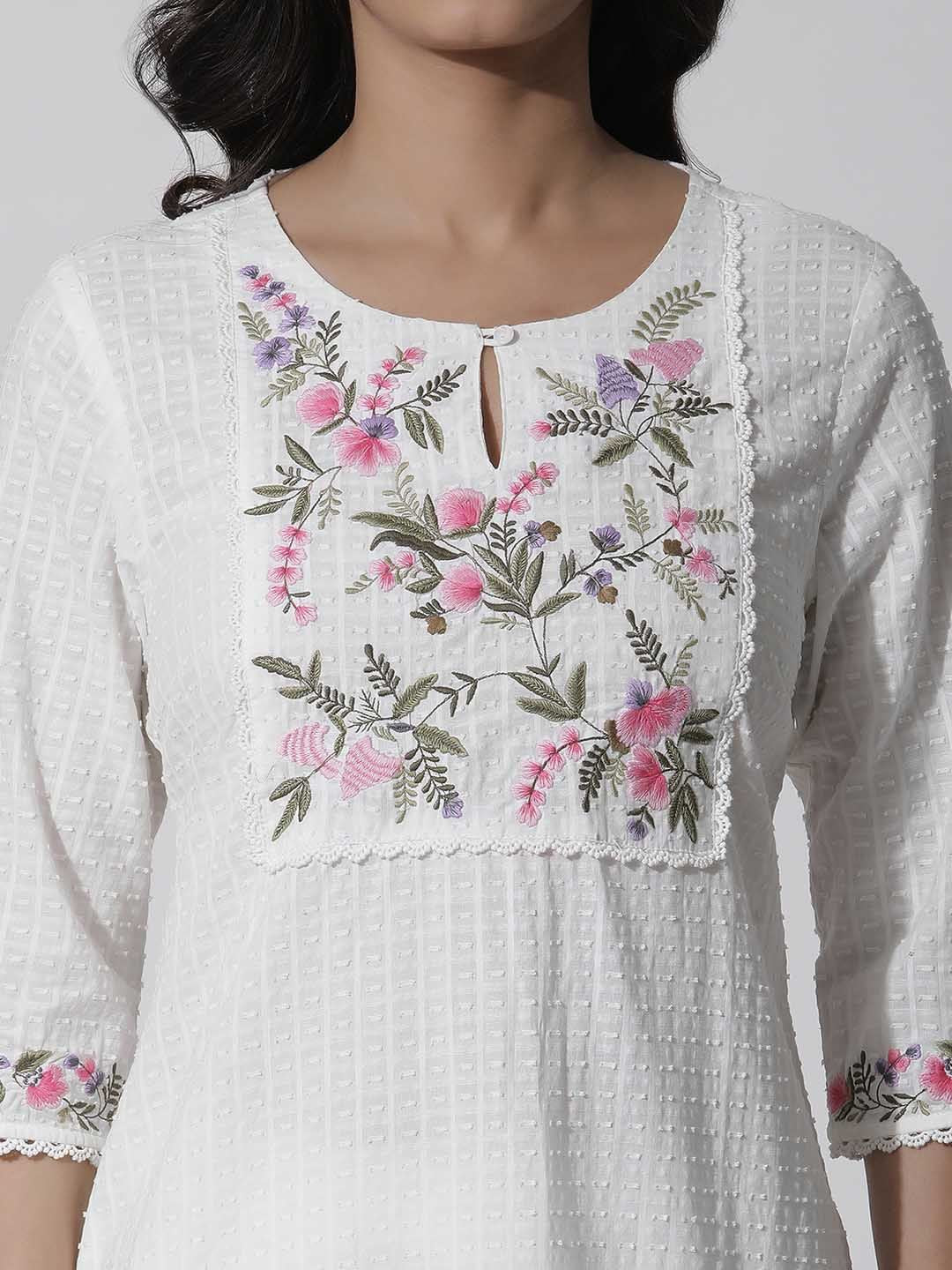 W Floral Yoke Design Thread Work Pure Cotton Straight Kurta