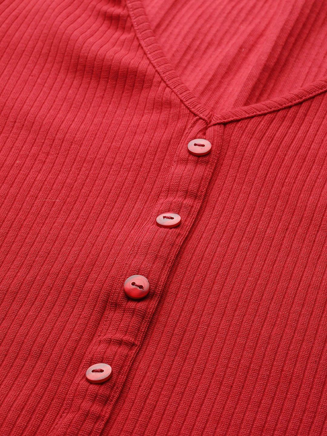 DressBerry Women Red Striped V-Neck Ribbed T-shirt