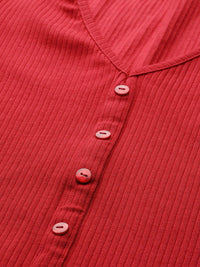 DressBerry Women Red Striped V-Neck Ribbed T-shirt