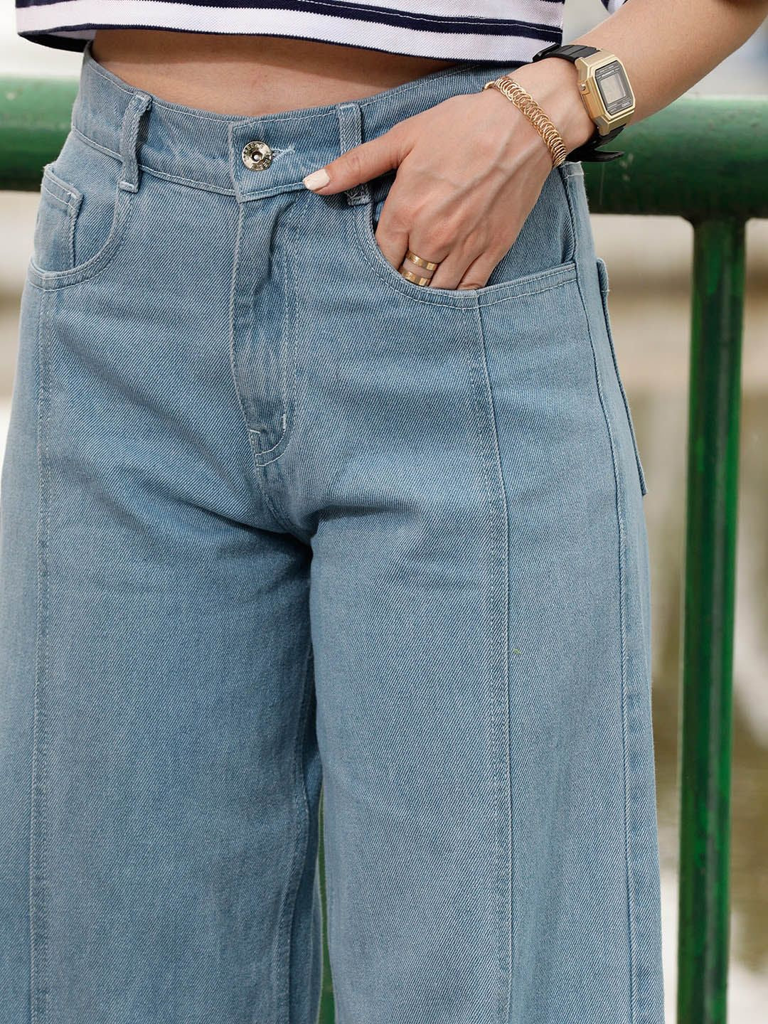 STREET 9 Women Blue Urban Wide Leg Pure Cotton Jeans