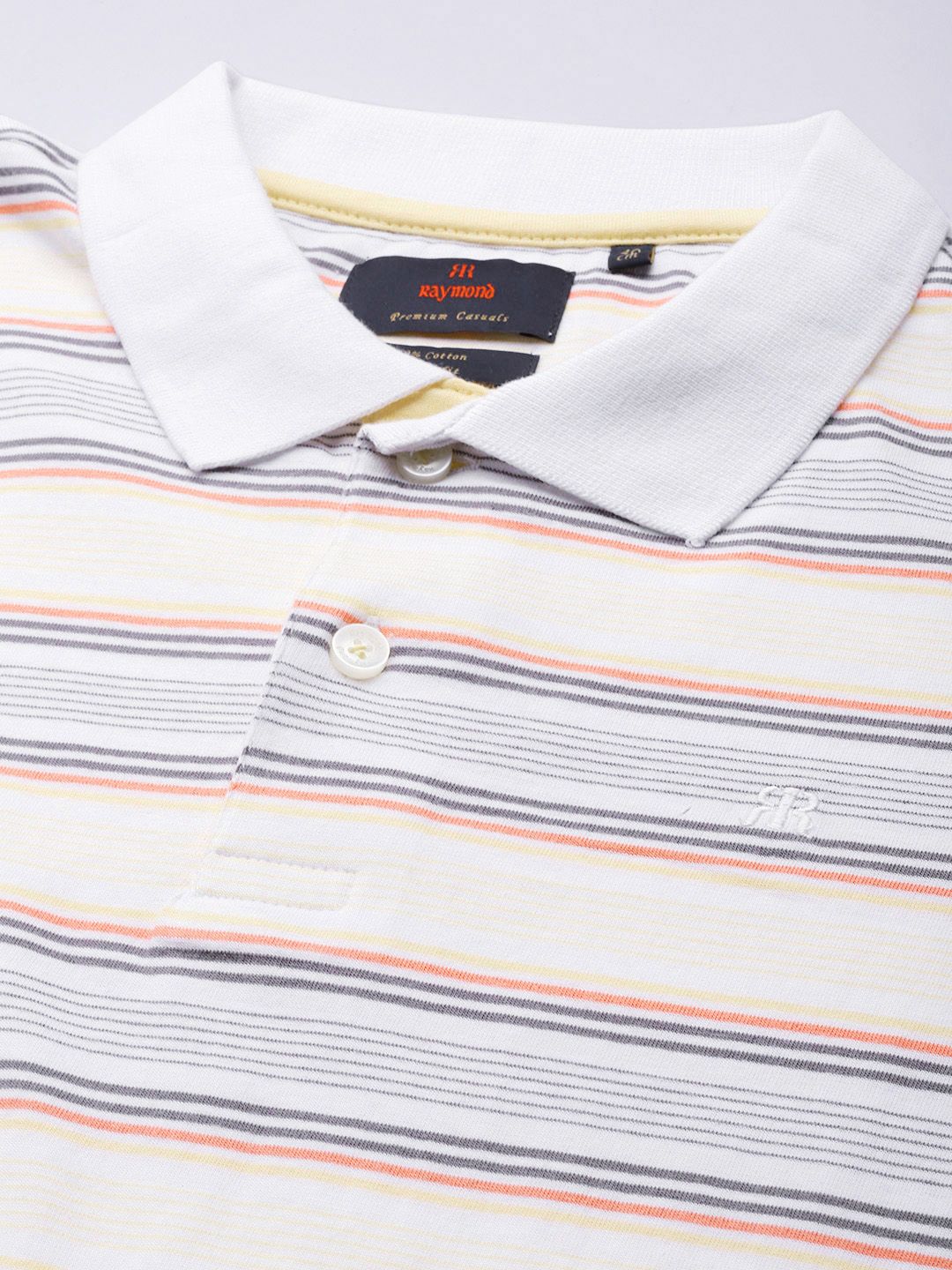 Raymond Men White & Yellow Striped Polo Collar Pure Cotton T-shirt