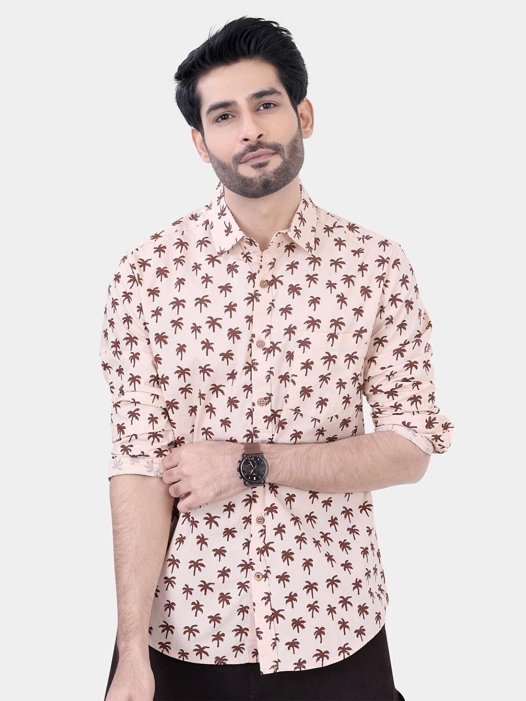 VASTRADO Classic Printed Spread Collar Long Sleeves Slim Fit Casual Shirt