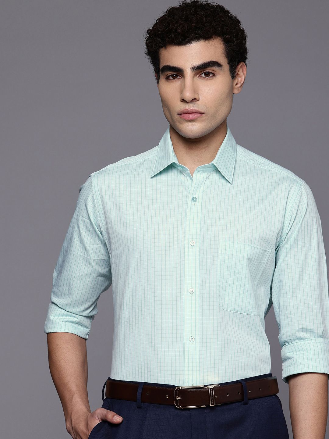 Raymond Pure Cotton Slim Fit Grid Tattersall Checks Checked Formal Shirt